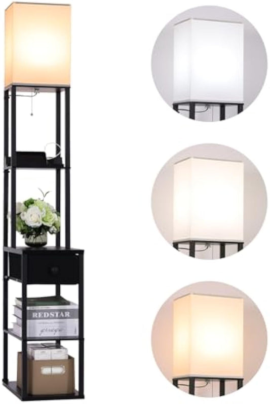 Floor Lamp with Table,2 USB,1Outlet and Drawer,3 Color Temperatures LED Bulb (9W), Bedroom Bedside Table Floor Lamp,Display Floor Lamp with Shelves for Living Room Sofa Lamp (Black-9)