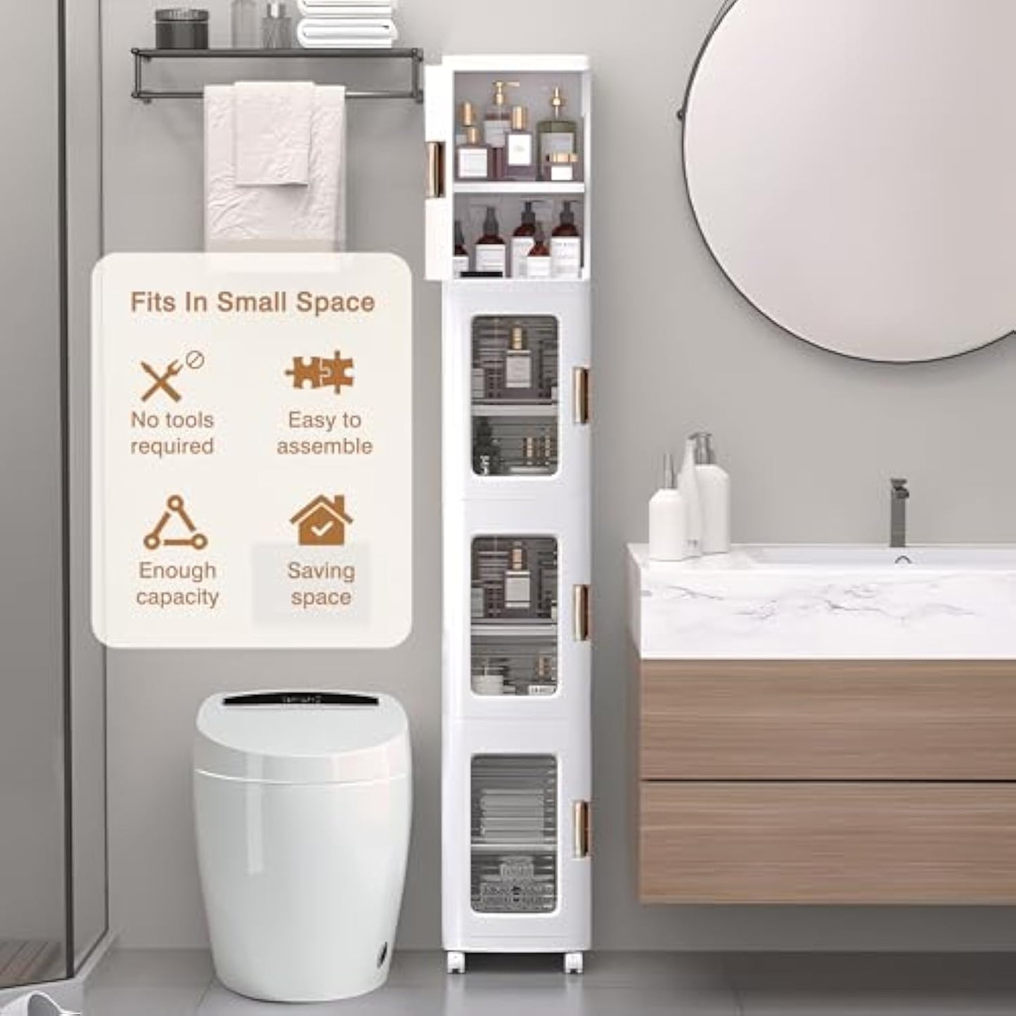 VECELO 4-Tier Plastic Tall Narrow Storage Cabinet with Movable Wheels, Adjustable Shelves, Magnetic Doors, Slim Bathroom Organizers and Storage for Small Space, Bathroom, Kitchen, Laundry, White